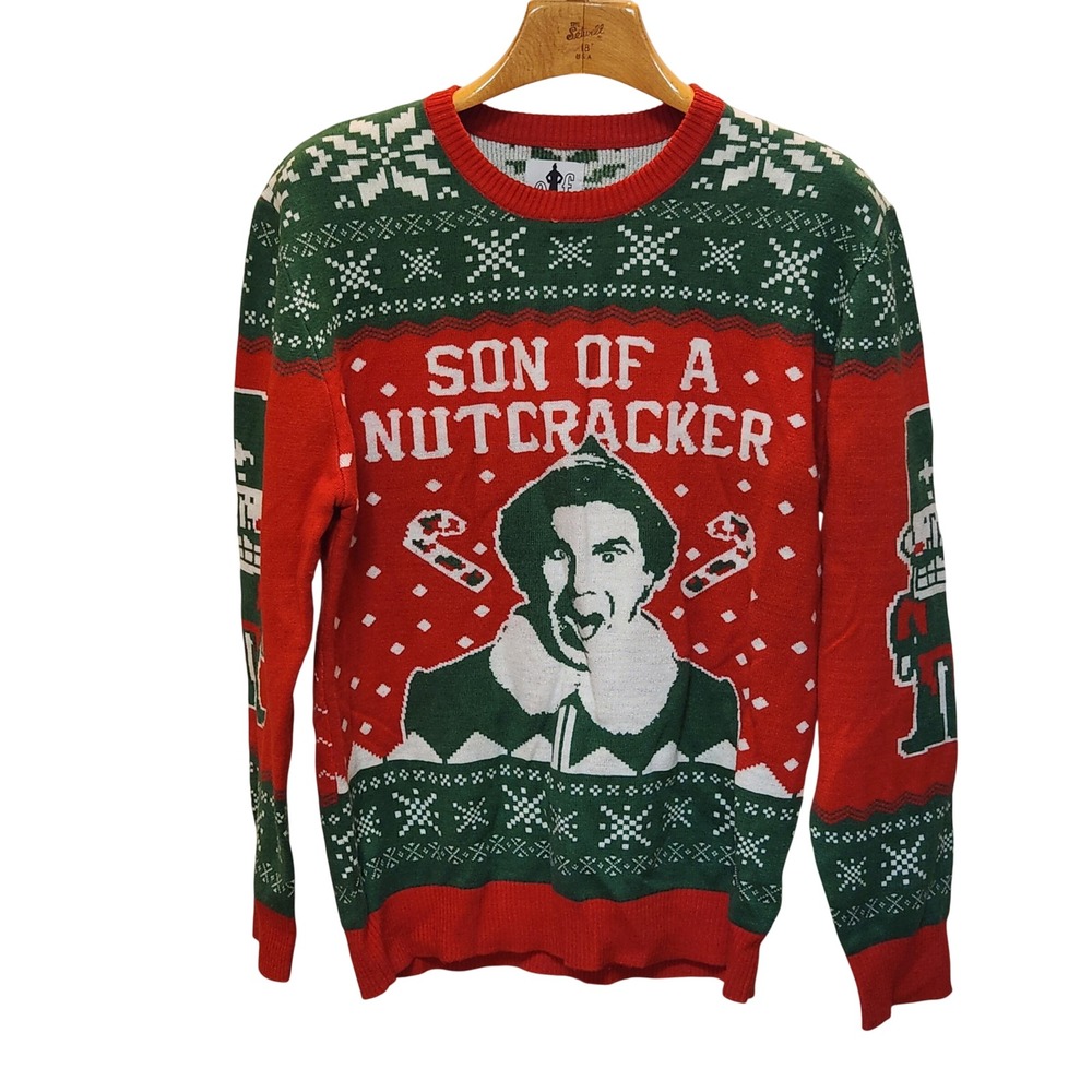 Elf the Movie Son of a Nutcracker Holiday Sweater Mens Large Red Green Fair Isle